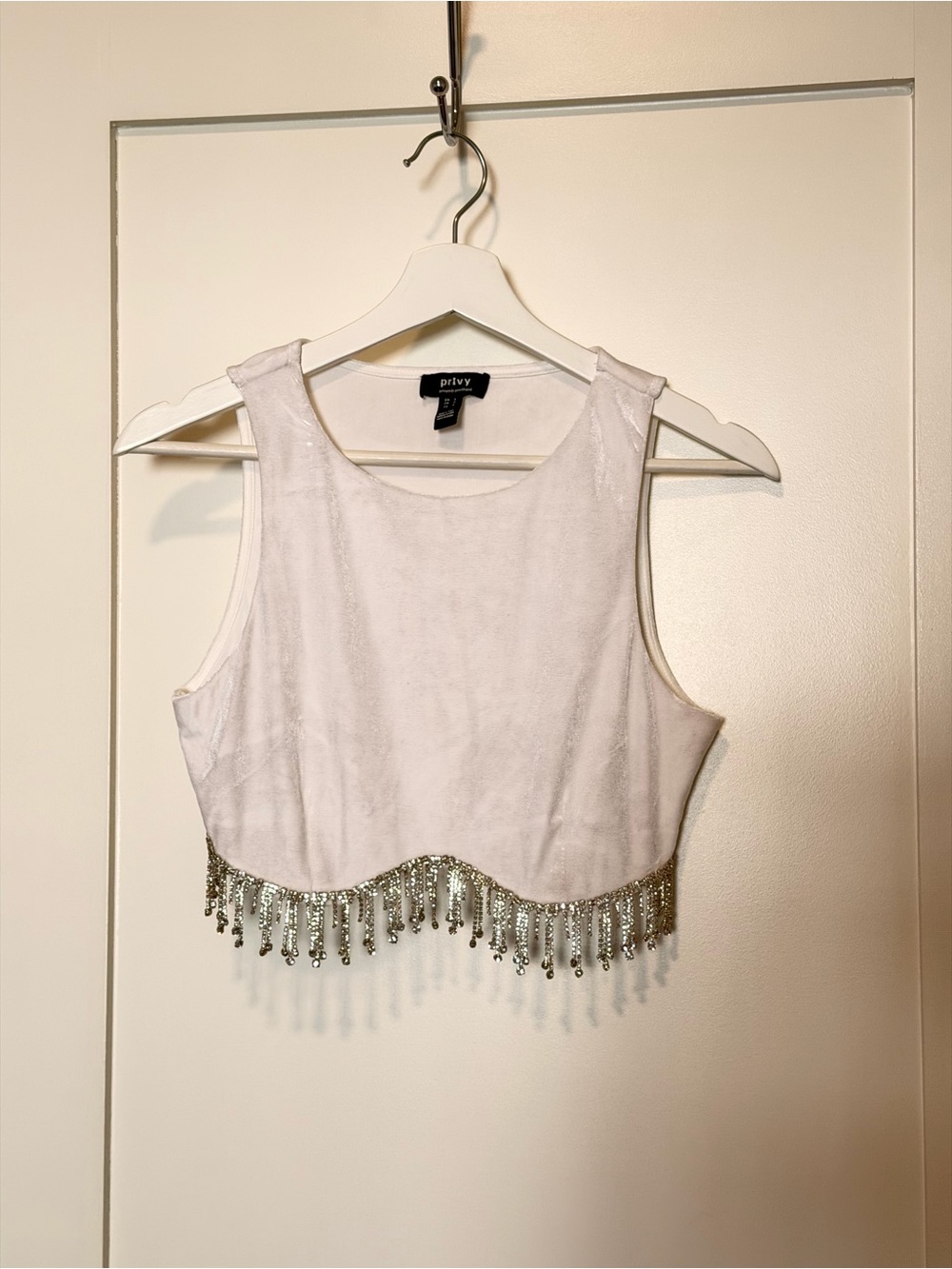 privy White Velvet Crop Tank with Silver Beaded Fringe